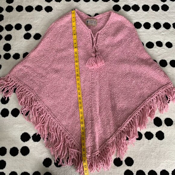 Vintage World Folk Art Pink Fringe Knit Boho Hippie Poncho Sweater - Picture 12 of 12